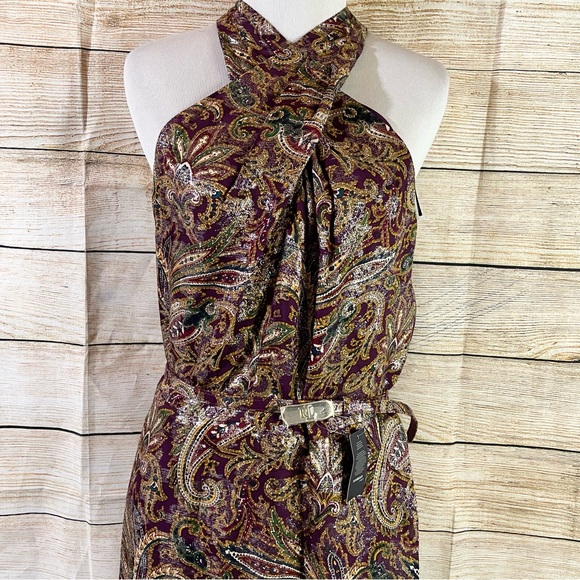 Black label LRL halter paisley metallic jacquard gown with belt women size 12 - Picture 3 of 15